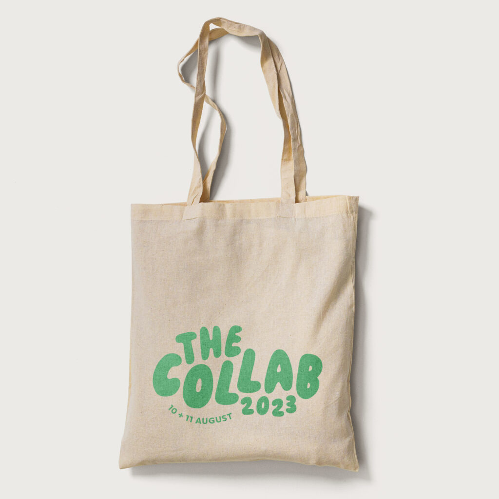 Conceptual image of The Collab brand appearing on a calico attendee tote bag.
