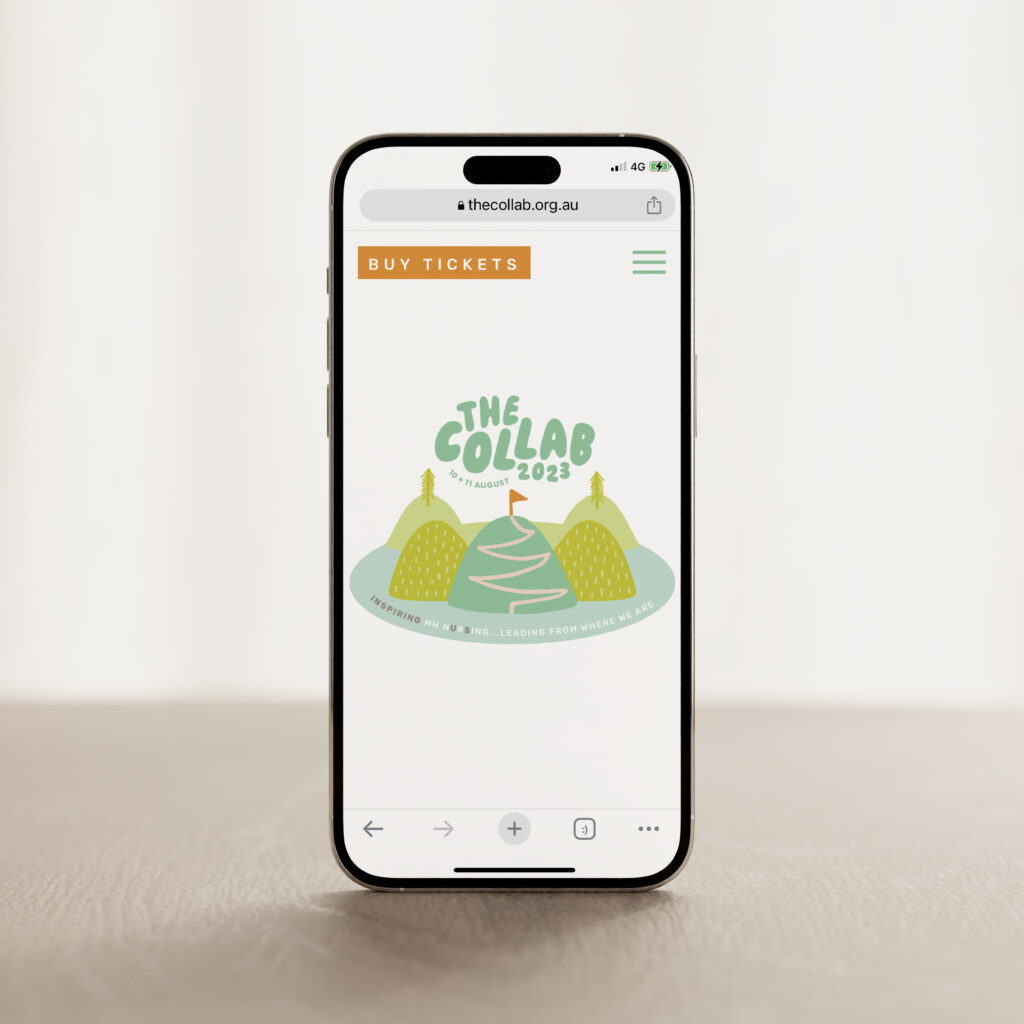 An iPhone displaying the new website created as part of The Collab's new branding.