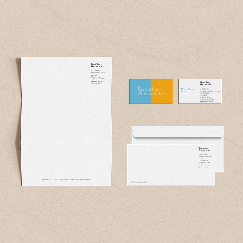 Business letterhead, business card and withcompliments for Ho Withers & Associates